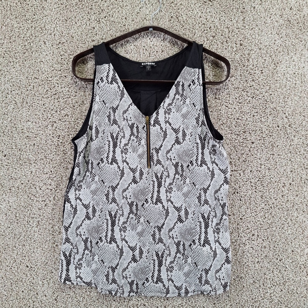 Express Tank Top Women Small Black Snakeskin Print V-Neck Zip Front Mixed Media